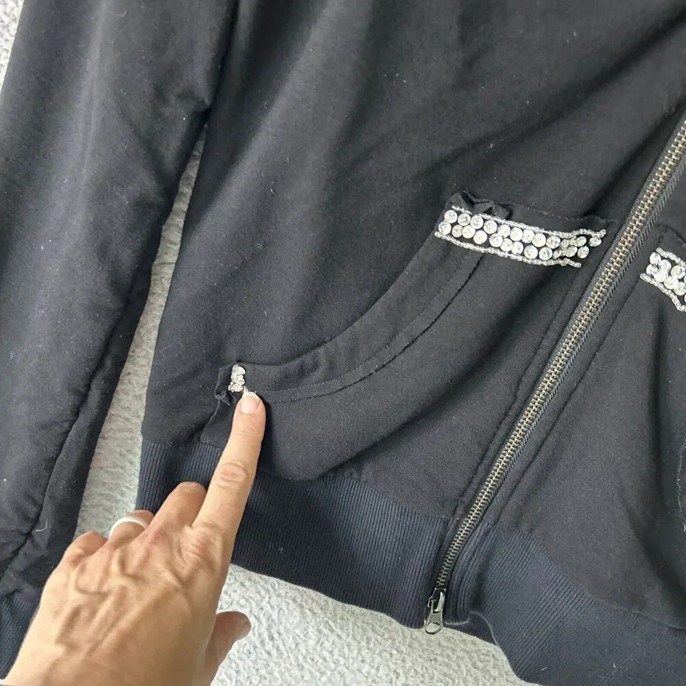 BOSTON PROPER Y2K Bling Hoodie Womens Small Black Fleur De Lis Rhinestone Jacket - Picture 3 of 11